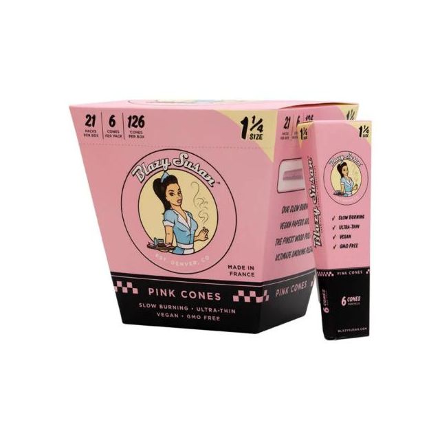 Blazy Susan Pink Cone Rolling Paper 1 1/4 size 21 packs (Box of 6)